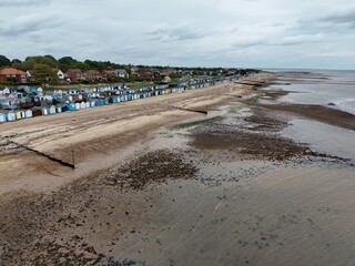 . Beach huts West Mersea Essex UK drone,aerial