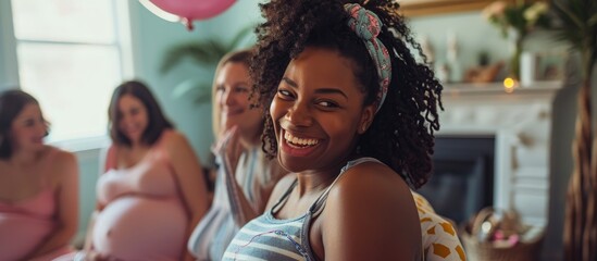 Pregnant woman smiling with excitement, celebrating with friends at baby shower in her home. - obrazy, fototapety, plakaty