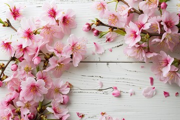 Top view of spring cherry blossom flowers frame or floral border rustic wooden background