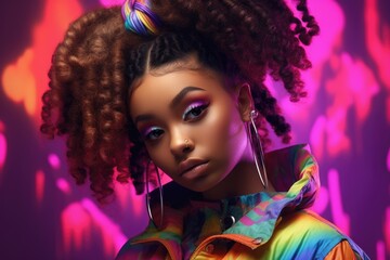 Fototapeta premium Stylish African American woman with afro pigtails Creative portrait in colorful studio.