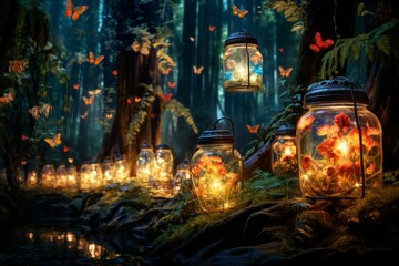 Mystical firefly lanterns, guiding lost souls through the depths of the enchanted forest - Generative AI - obrazy, fototapety, plakaty