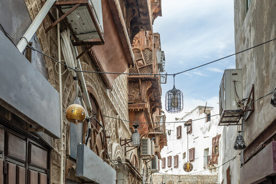 Al-Balad old town with traditional muslim houses with wooden windows and balconies, Jeddah, Saudi Arabia