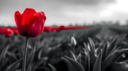 Fotobehang a single red tulip in a black and white field © KWY