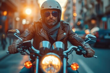 Obraz premium Portrait of a male biker, strength freedom, and individuality on the open road, adventurous spirit and the rebellious allure of the motorcycle, masculinity in motion.