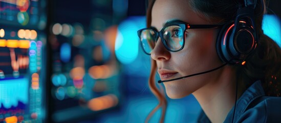 IT help desk, female with headset and glasses for questions on technology and data. Cyber defense, person dedicated to communication, analysis, and army support. - obrazy, fototapety, plakaty