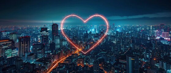 A cityscape at night with illuminated buildings forming a heart shape on Valentine's Day