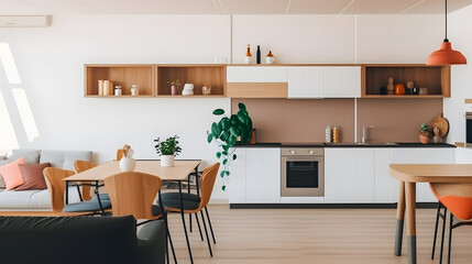 Modern home interior design. Living room with dinner table, kitchen furniture, chairs, decorations