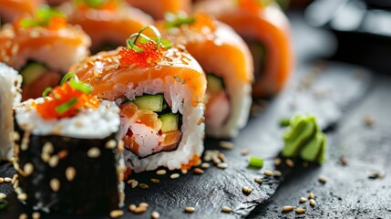 Array of Delicious Sushi Rolls with Soy Sauce