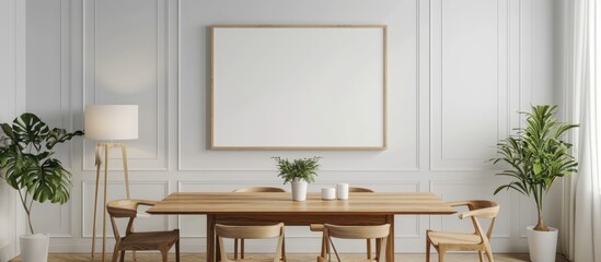 Empty poster mockup in dining room with wooden table and lamp. - Powered by Adobe