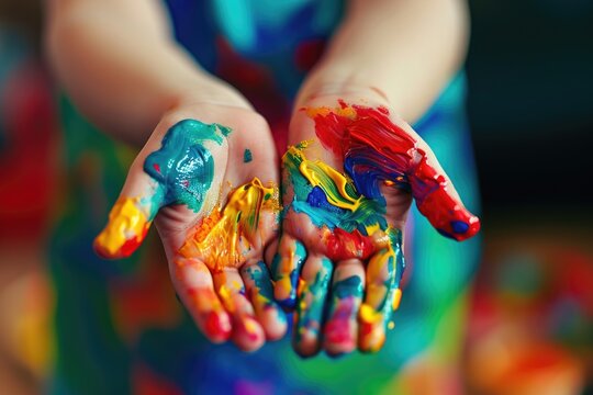 Child's hands covered in brightly colored paint. Perfect for art projects and creative activities