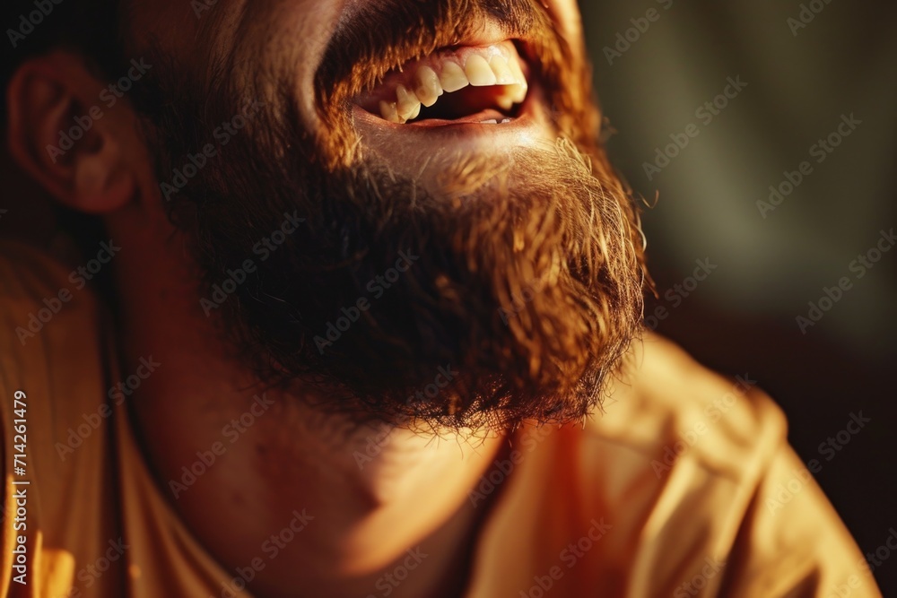 Poster a close-up view of a man with a beard smiling. suitable for various applications
