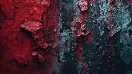 A picture of a red and black wall with peeling paint. Suitable for various design projects