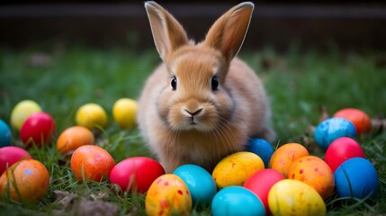 Cute rabbit surrounded by eggs.
