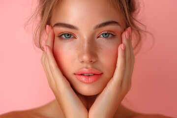 Beautiful woman touching her face with perfect professional makeup close up on pink background