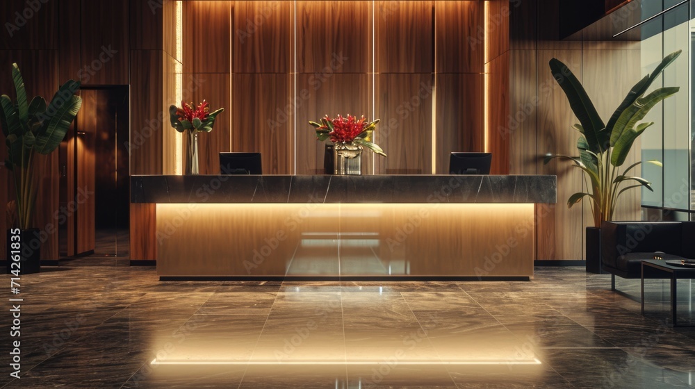 Poster a reception desk with a vase of flowers. ideal for use in office or hotel settings