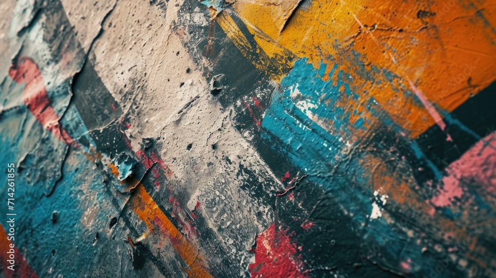 Poster A detailed close-up of a wall with vibrant paint colors. This image can be used to add a pop of color to design projects or to represent urban art