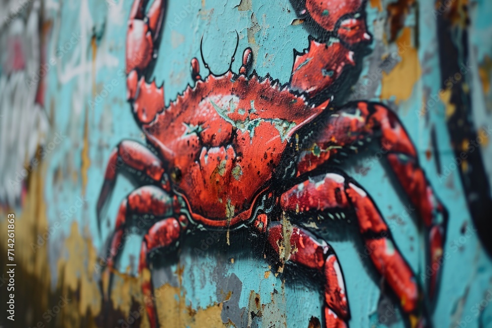 Aufkleber A unique and colorful crab painting on the side of a building. Perfect for adding a touch of creativity and marine vibes to any space