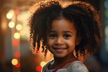 Happy African American girl with pony tails and afro puff hair. - obrazy, fototapety, plakaty
