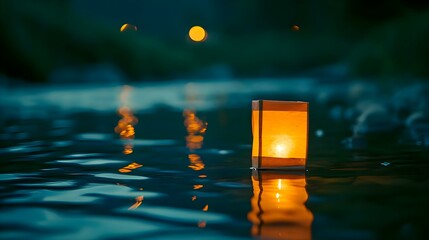 a lit candle floating on top of a body of water - obrazy, fototapety, plakaty