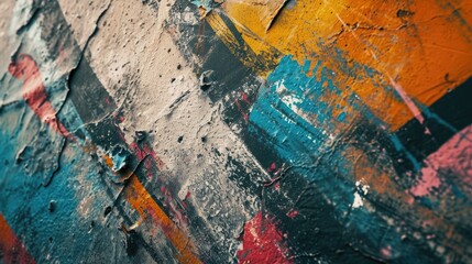 A detailed close-up of a wall with vibrant paint colors. This image can be used to add a pop of color to design projects or to represent urban art