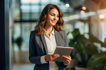 Fototapeta premium Smiling young employee businesswoman holding computer in company