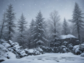 Fototapeta premium Snow and snowy wooded forest winter background