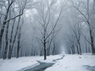 Snow and snowy wooded forest winter background