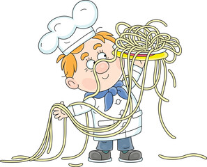 Funny young cook in a chef hat holding a platter with freshly cooked very long spaghetti, vector cartoon illustration isolated on a white background
