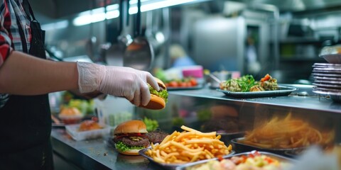 A person is seen in a kitchen assembling a burger on a bun. This image can be used to showcase cooking, food preparation, or homemade burger recipes - Powered by Adobe