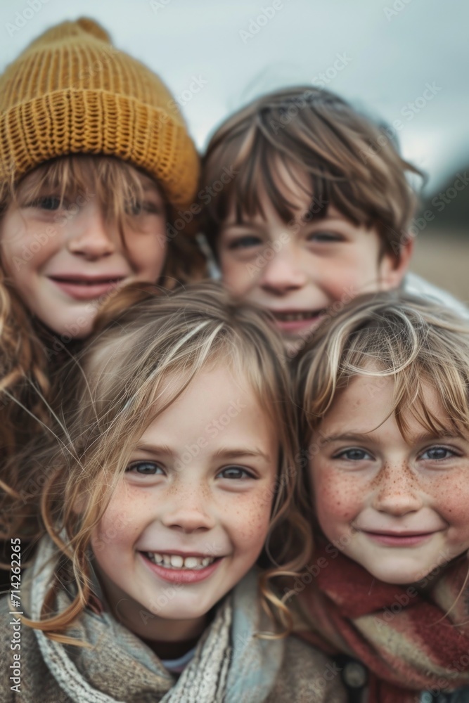 Poster a group of young children standing next to each other. suitable for various uses