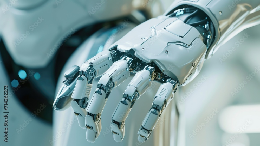 Poster a detailed close-up view of a robot's hand and arm. perfect for technology and futuristic concepts
