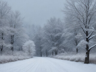 Obraz premium Snow and snowy wooded forest winter background