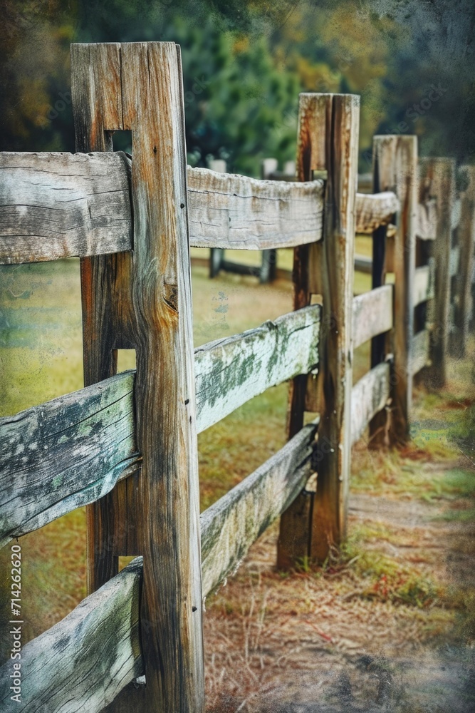 Poster a close-up view of a wooden fence in a field. perfect for rustic and countryside themes
