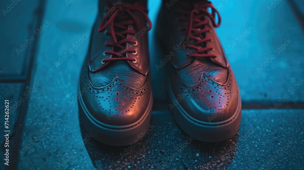 Poster shoes placed on a tiled floor. ideal for showcasing footwear or creating a trendy and stylish atmosp