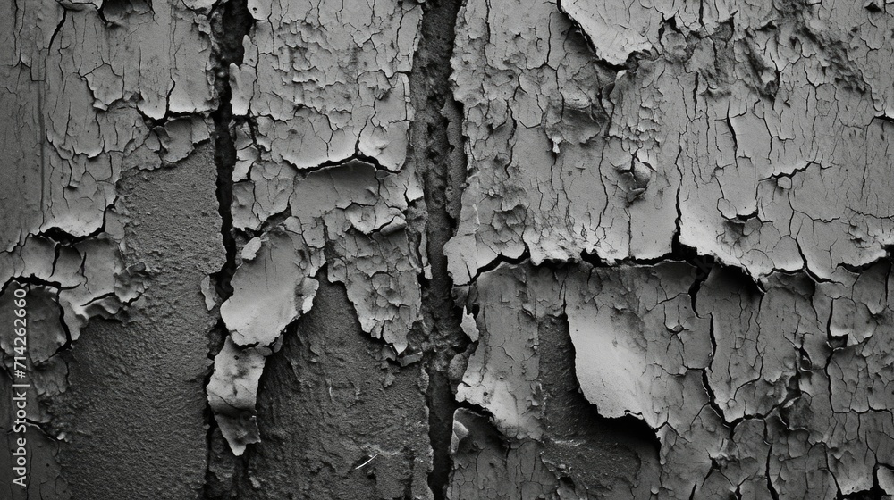 Poster A detailed black and white photo capturing the texture and pattern of peeling paint. Ideal for adding a vintage or distressed look to designs