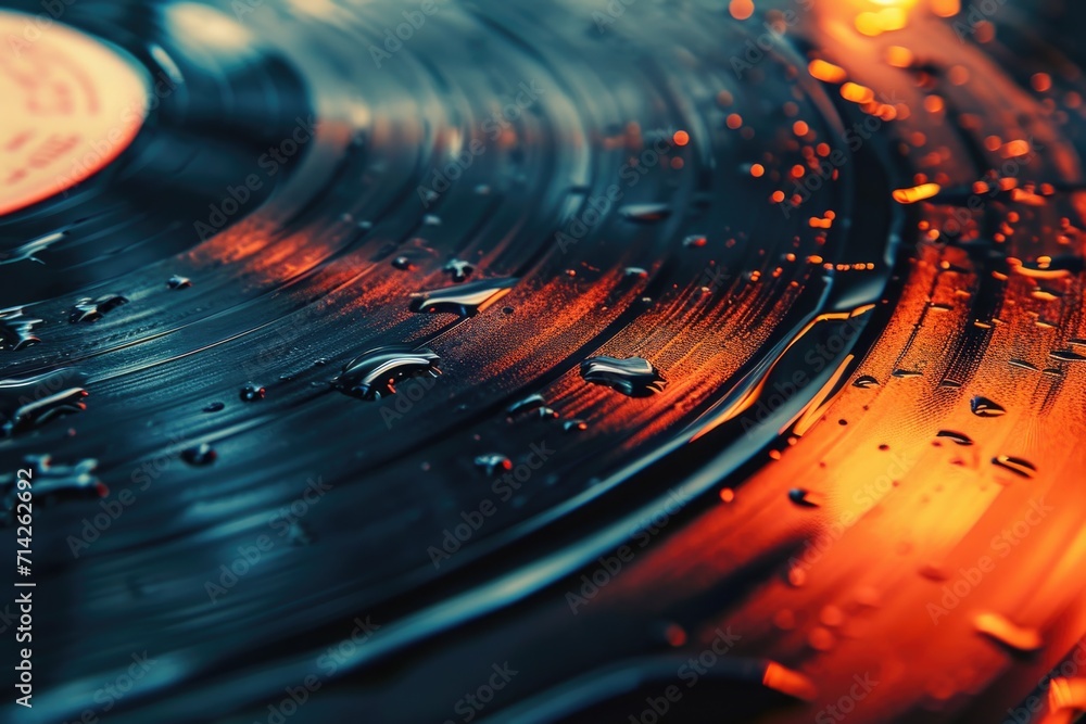 Poster a detailed view of a vinyl record placed on a table. this image can be used to depict music, retro v