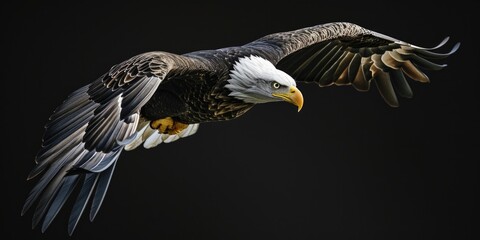 A majestic bald eagle soaring through the air with its wings spread wide. Perfect for nature and wildlife enthusiasts.