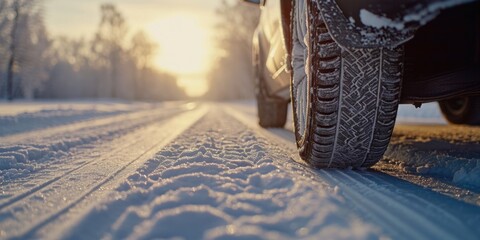 A car driving on a snowy road. Can be used to depict winter driving conditions