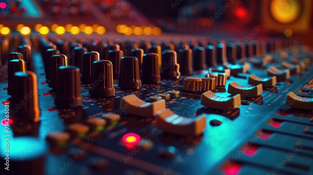 Poster a detailed view of a sound board in a recording studio. suitable for music production and audio engi