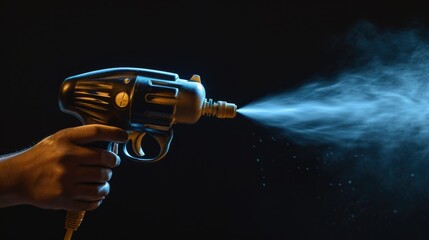 A person is using a spray gun to spray a black background. This image can be used for various creative projects and graphic design purposes - obrazy, fototapety, plakaty
