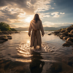Fototapeta na wymiar Jesus Christ walks on water - backview, full body - sun rays in a blue sky