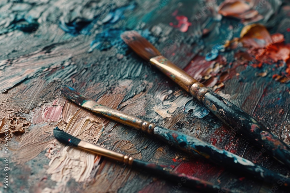 Poster close up of paint brushes on a table. perfect for art and creativity projects