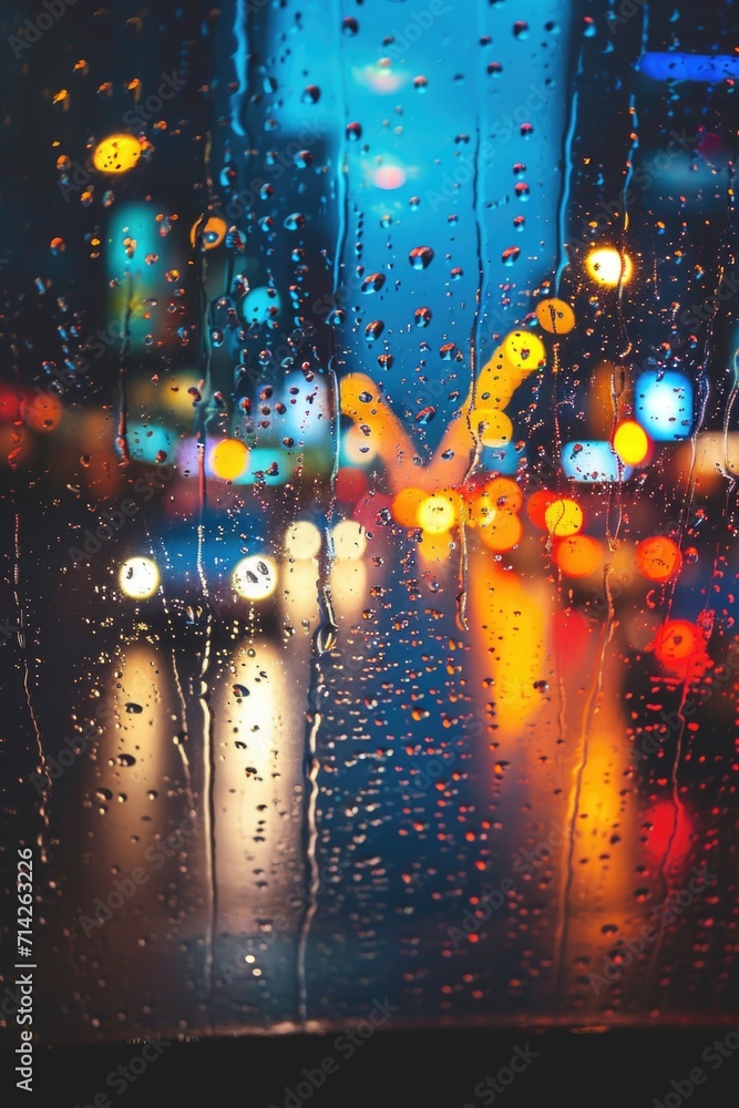 Poster A view of a city at night seen through a rain-covered window. Perfect for adding a moody and urban touch to any project