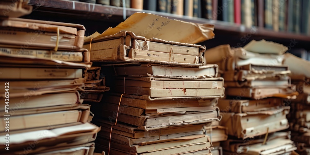 Poster A stack of old books neatly arranged on a shelf in a library. Ideal for educational and nostalgic projects