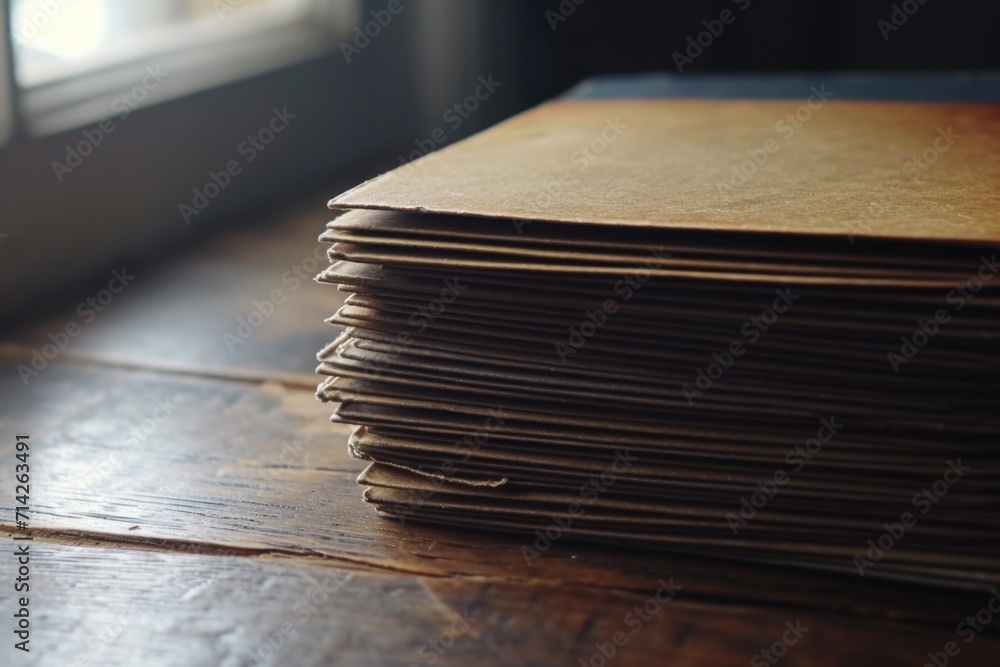 Aufkleber A stack of papers neatly arranged on a wooden table. Versatile image suitable for various business and office concepts