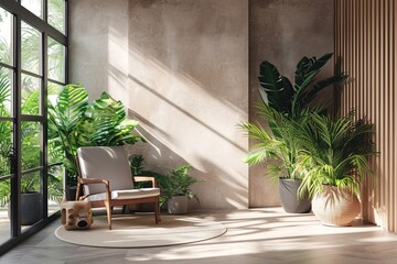 3d empty interior with home plant