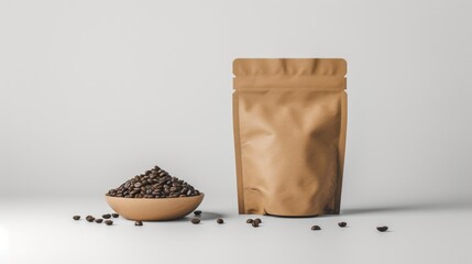 A bag of coffee beans placed next to a bowl filled with coffee beans. Perfect for illustrating coffee preparation or coffee products.