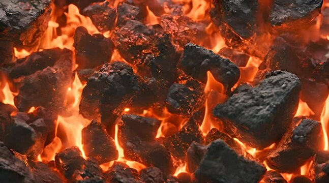 Closeup generated AI shot of burning coals. texture of burning red organic charcoal with flames. Glowing embers in stove. Black Charcoal in Bonfire. Firewood at chimney. Macro shot of small flame