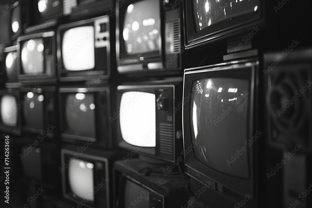Poster a black and white photo depicting a wall covered with multiple televisions. this image can be used t
