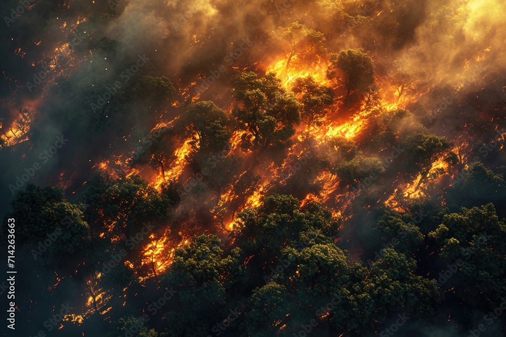 Poster A view from above showcasing a raging forest fire. Ideal for illustrating the destructive power of wildfires and the need for fire safety precautions